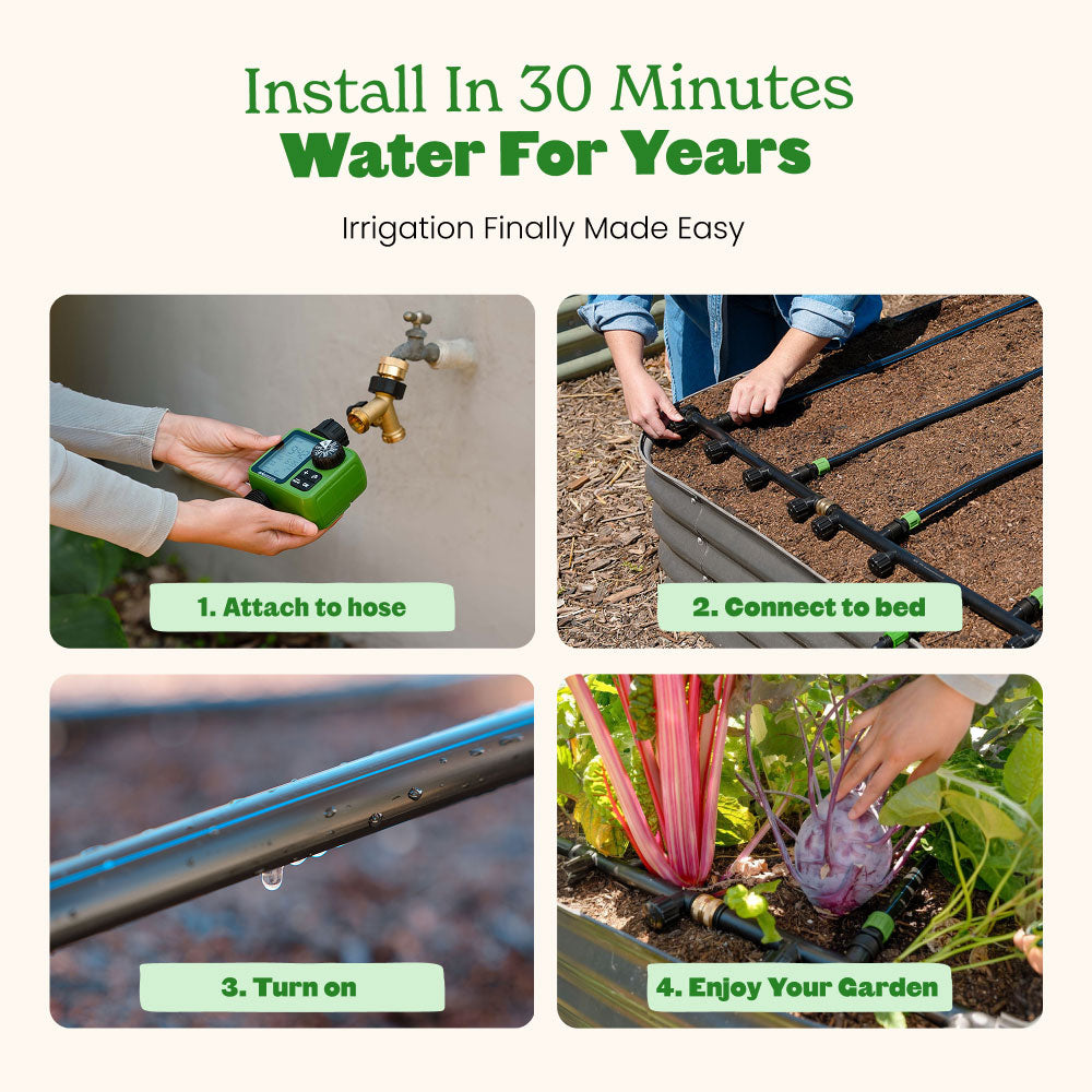 Step-by-step guide on installing garden irrigation system with text 'Install In 30 Minutes Water For Years'.