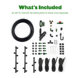 Drip irrigation kit with various components on a white background
