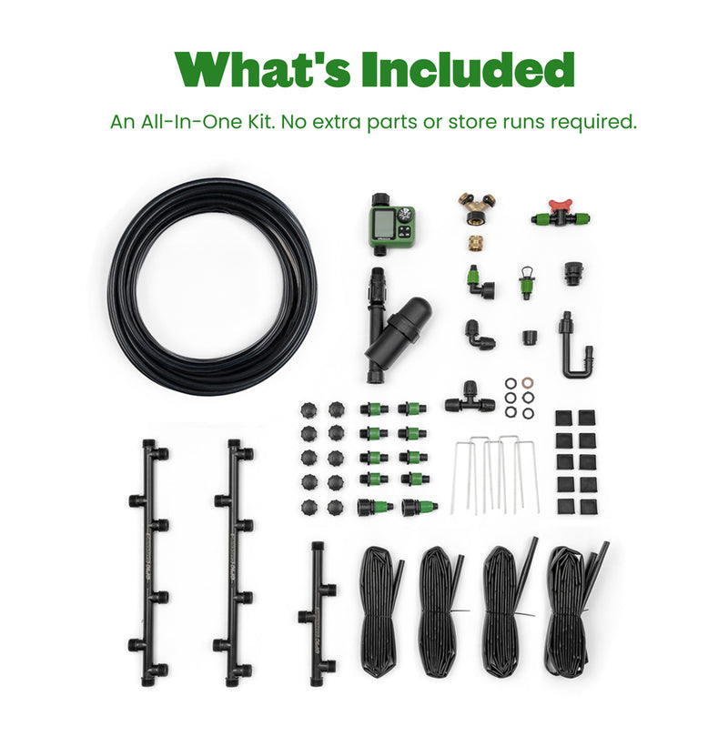 Drip irrigation kit with various components on a white background