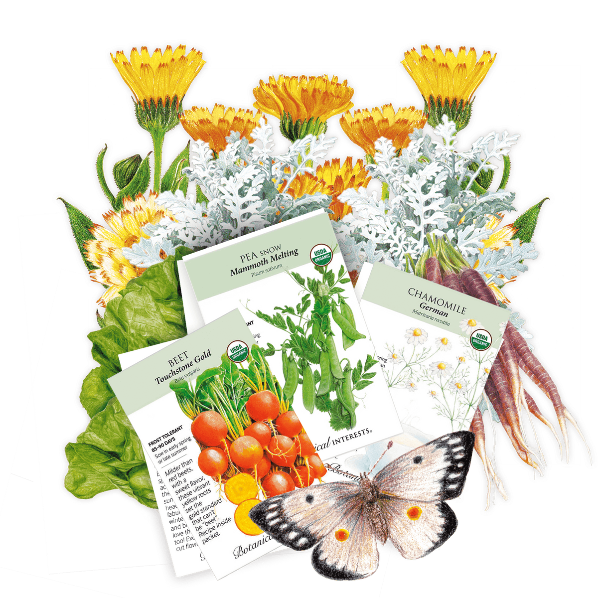 Gardening-themed items including seed packets, plants, and a butterfly on a green background