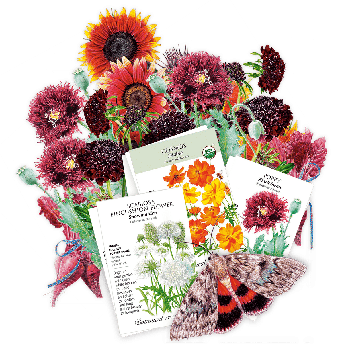 Collection of flower seeds packets included in the The Heavy Metal Garden bundle with illustrations and a butterfly on a green background
