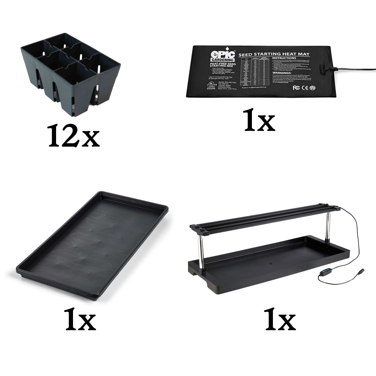 Product components for the indoor seed starting kit displaying 12 six-cell trays, a heat mat, a bottom tray, and a grow light on a stand.