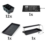 Product components for the indoor seed starting kit displaying 12 six-cell trays, a heat mat, a bottom tray, and a grow light on a stand.