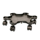 Black plastic plant caddy with a scalloped, star-shaped tray and five swivel castor wheels, shown on a plain white background.