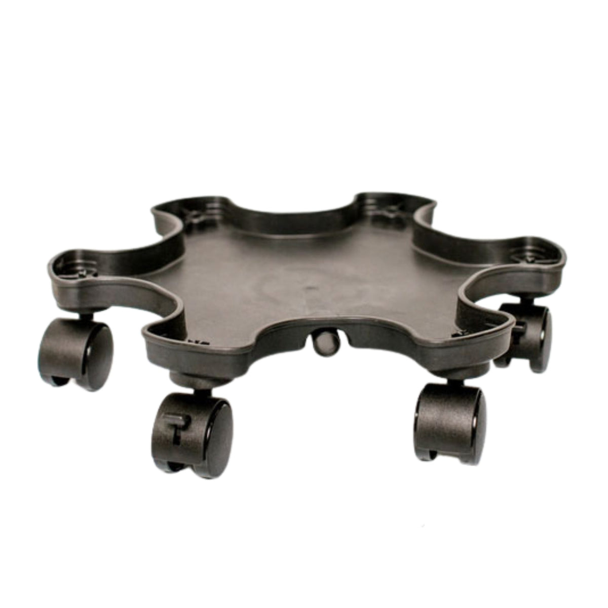 Black plastic plant caddy with a scalloped, star-shaped tray and five swivel castor wheels, shown on a plain white background.