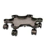 Black plastic plant caddy with a scalloped, star-shaped tray and five swivel castor wheels, shown on a plain white background.
