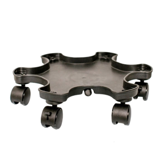 Black plastic plant caddy with a scalloped, star-shaped tray and five swivel castor wheels, shown on a plain white background.