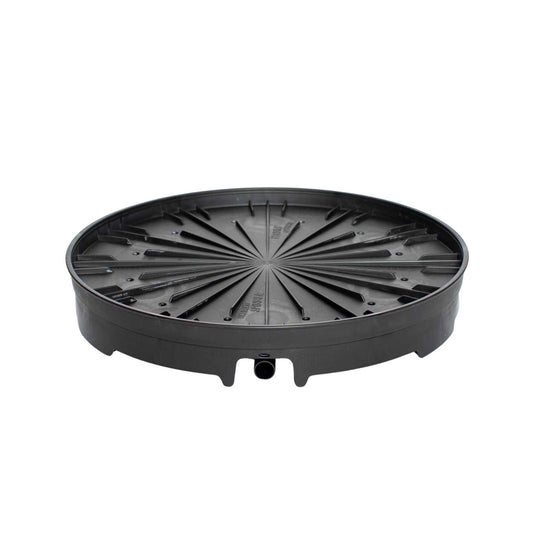 Round black plastic spinning base for a vertical planter, featuring radiating ribbed channels, a raised rim, and a small drainage outlet spout on one side, shown on a plain white background.