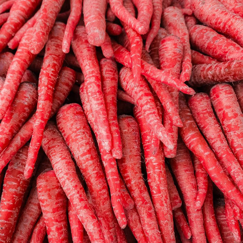 Close-up of freshly harvested Atomic Red carrots piled together, their deep red skin showing fine root hairs and pale streaking along the tapered roots.