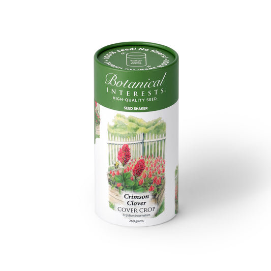 Botanical Interests Crimson Clover Cover Crop 260-gram seed shaker tube on a plain white background, featuring green lid branding and garden imagery of red clover blossoms.