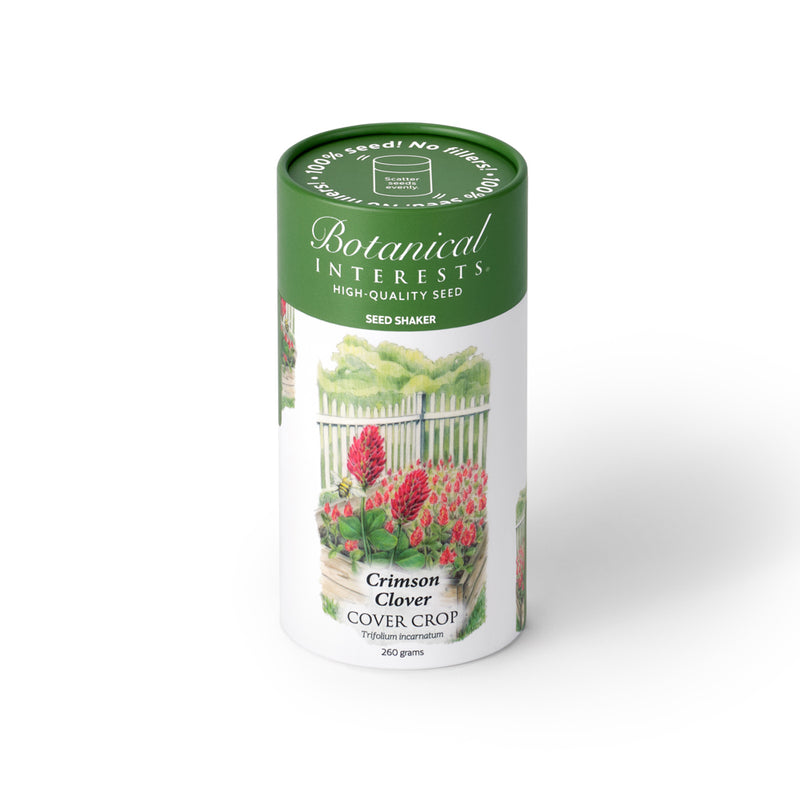 Botanical Interests Crimson Clover Cover Crop 260-gram seed shaker tube on a plain white background, featuring green lid branding and garden imagery of red clover blossoms.