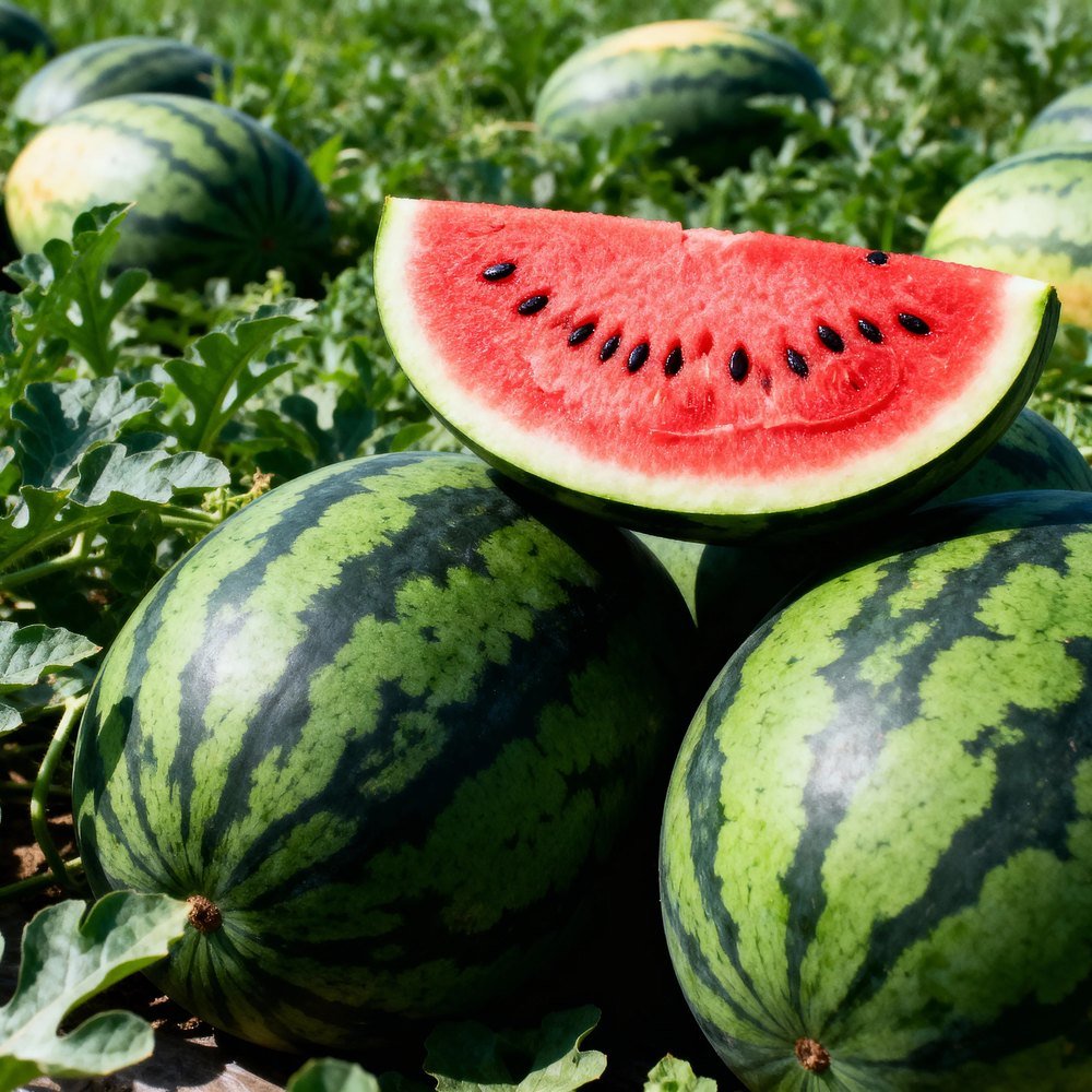 A wedge of ripe watermelon with deep red flesh and black seeds rests atop whole striped melons, set among vines in a sunlit field.