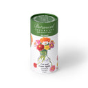 Botanical Interests Cut and Come Again Zinnia 100-gram seed shaker tube on a plain white background, featuring a green lid and floral illustration of colorful zinnia blooms in a vase.