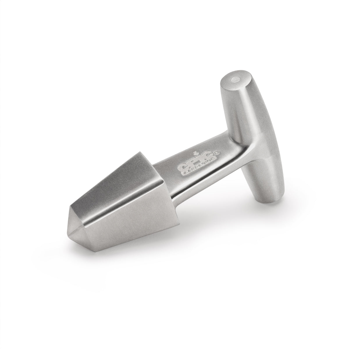 Stainless steel Epic Gardening planting dibble with a T-handle and tapered square tip on a solid white background.