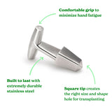 Stainless steel planting dibble with text annotations pointing out its comfortable handle, durable steel body, and square tip for transplanting.