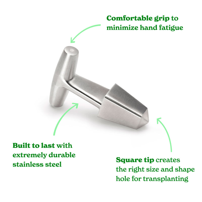 Stainless steel planting dibble with text annotations pointing out its comfortable handle, durable steel body, and square tip for transplanting.