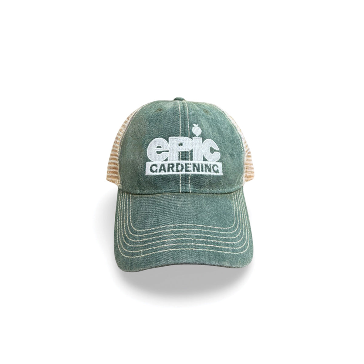 Front view of the green Epic Gardening cap with an embroidered logo.