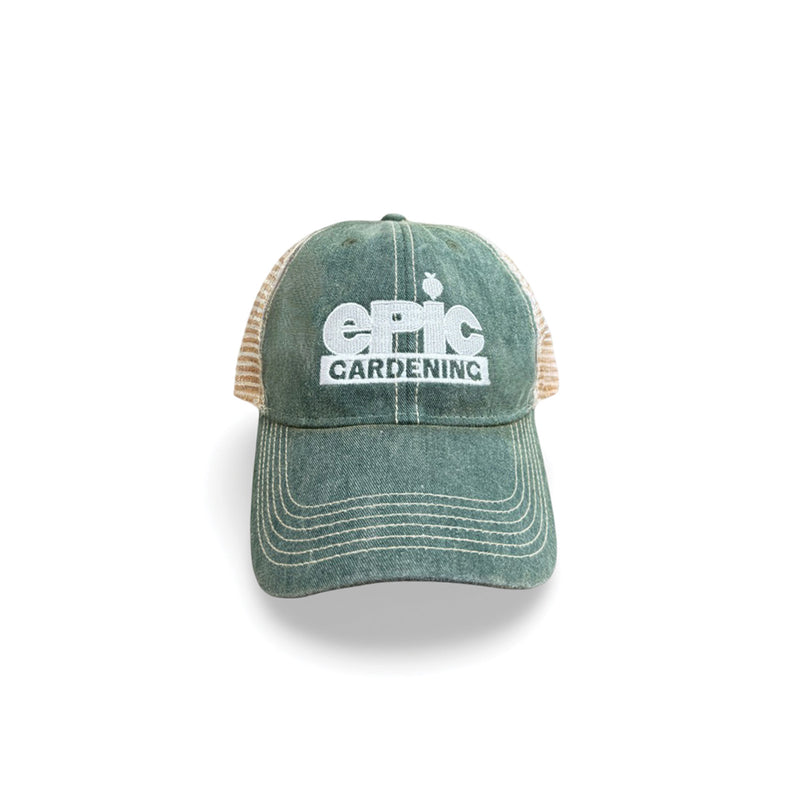Front view of the green Epic Gardening cap with an embroidered logo.