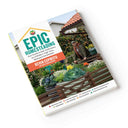 Paperback cover of "Epic Homesteading" by Kevin Espiritu, showing a man leaning on a raised garden bed full of cabbages and flowers, with icons along the bottom listing topics like orchard care, chicken keeping, composting, and solar energy.