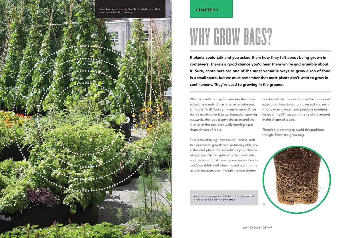 Book spread introducing "Chapter 1: Why Grow Bags?" with a photo of vining tomato plants and marigolds thriving in tall fabric grow bags on a patio, plus text explaining container gardening and a circular inset photo of a plant's root ball removed from its pot showing circling roots.