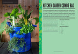 Blue fabric multi-pocket grow bag on a wooden deck, planted on top with bok choy, chard and leafy greens, with trailing thyme spilling from side pockets; accompanying text describes the 