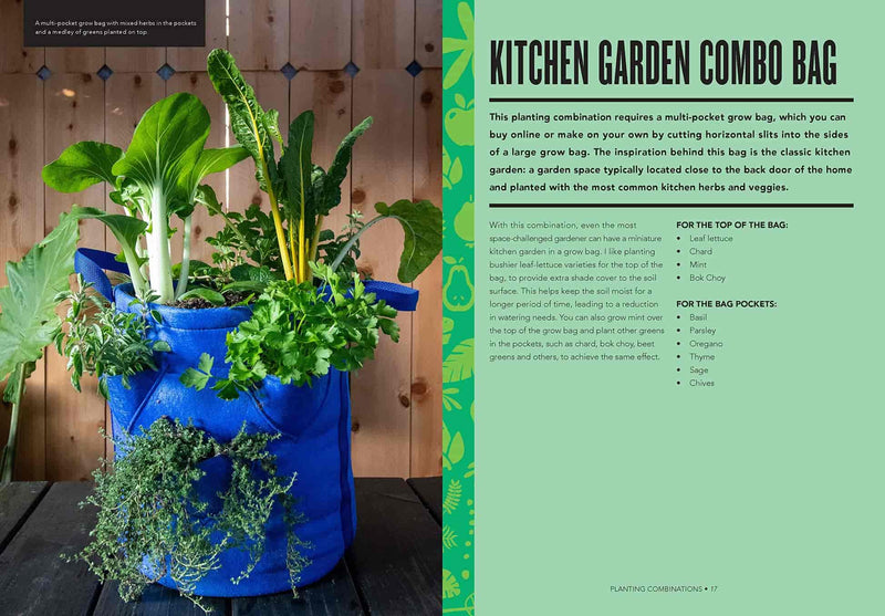 Blue fabric multi-pocket grow bag on a wooden deck, planted on top with bok choy, chard and leafy greens, with trailing thyme spilling from side pockets; accompanying text describes the 