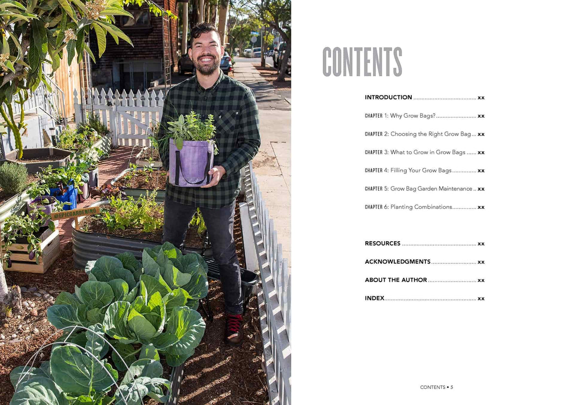 Contents page of Grow Bag Gardening beside a photo of a smiling man in a plaid shirt holding a purple fabric grow bag with seedlings, standing in a raised-bed garden with large cabbage plants, listing six chapters from why grow bags to planting combinations plus resources and index.