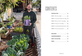 Contents page of Grow Bag Gardening beside a photo of a smiling man in a plaid shirt holding a purple fabric grow bag with seedlings, standing in a raised-bed garden with large cabbage plants, listing six chapters from why grow bags to planting combinations plus resources and index.