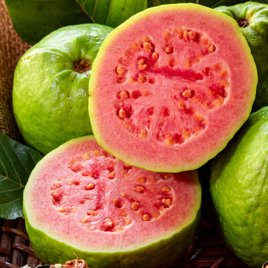 Close-up view of a halved guava fruit revealing vibrant pink flesh filled with seeds, resting alongside whole green guavas on a woven surface.