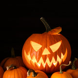 Carved jack-o'-lantern pumpkin with a menacing toothy grin glowing from an internal candle, surrounded by smaller uncarved orange pumpkins against a black background.