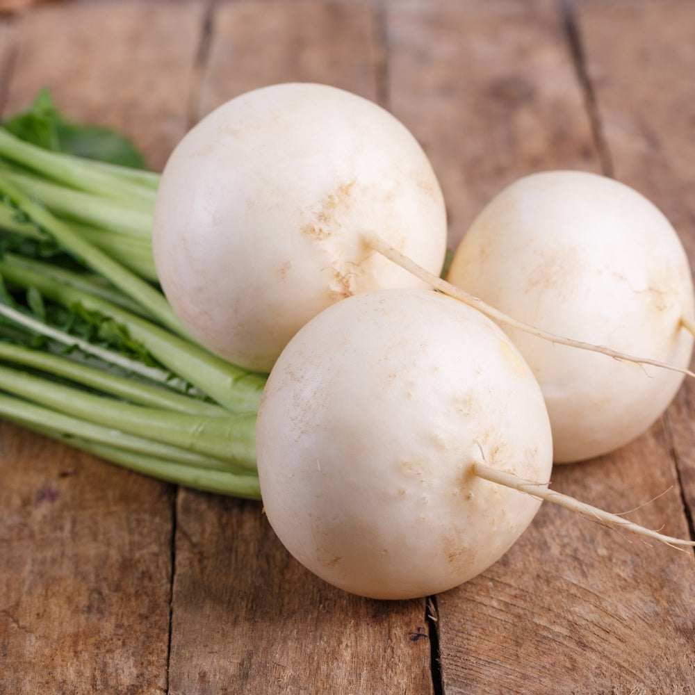 Three round, smooth white turnips with tapering root tips and their leafy green tops attached, resting on a rustic wooden surface.