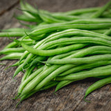 Close-up of a pile of freshly harvested, slender green Maxibel Filet Bush Beans resting on a rustic wooden surface.