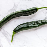 Two long, slender dark green Pasilla Bajio chile peppers with glossy, slightly wrinkled skin and curved stems, arranged on a white marble surface.