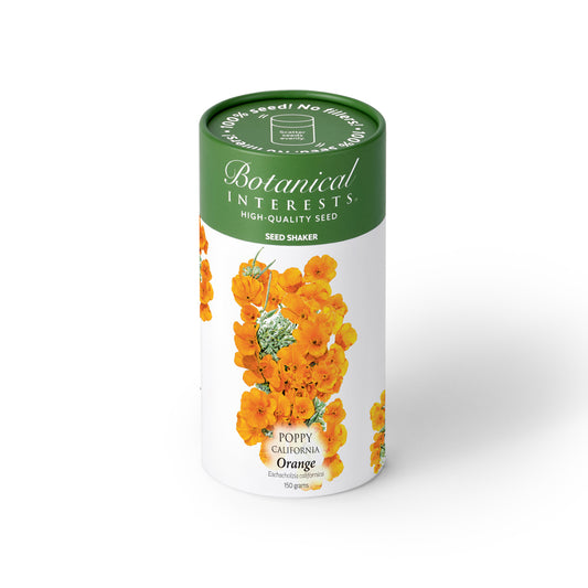 Orange California Poppy Seed Shaker canister with botanical design on a white background