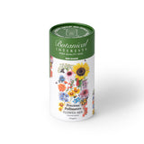 Botanical Interests Precious Pollinators Flower Mix 100-gram seed shaker tube on a plain white background, featuring a green lid and floral illustration with sunflowers, cosmos, and butterflies.