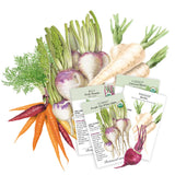 Assorted vegetables including carrots, turnips, and parsnips with seed packets on a white background