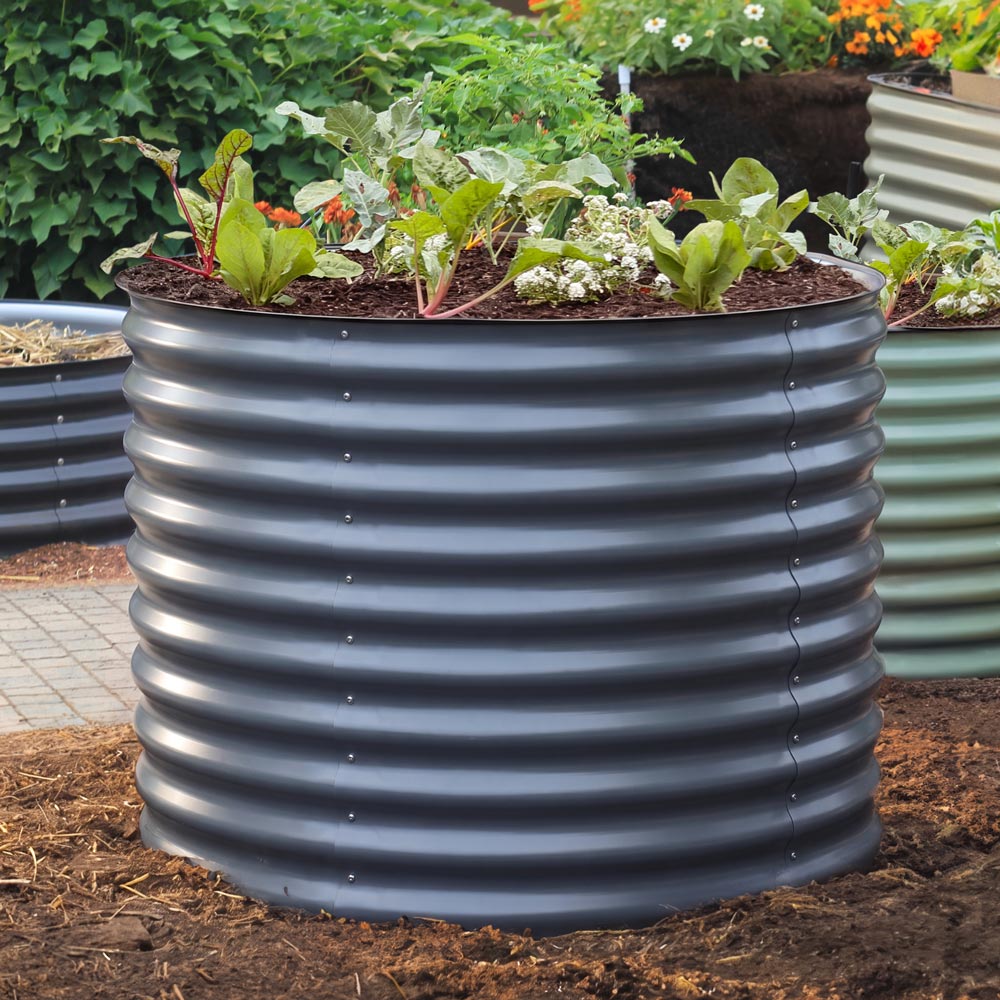 29-inch tall large slate gray metal raised garden bed filled with green plants and flowers, shown in a garden setting with mulch and other garden beds in the background.