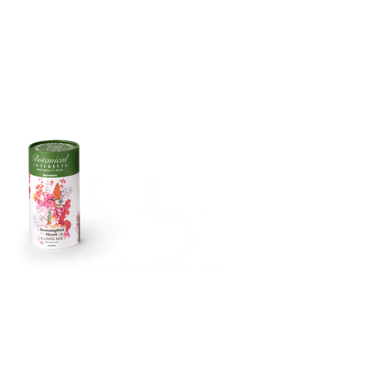 Animated GIF showing three Botanical Interests Seed Shaker tubes lined up side-by-side on a plain white background, cycling through various flower, clover, and herb seed shaker designs.