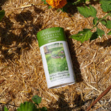 Botanical Interests EcoEase Microclover and Fescue Mix Alternative Lawn Seed Shaker on mulched ground with plants around