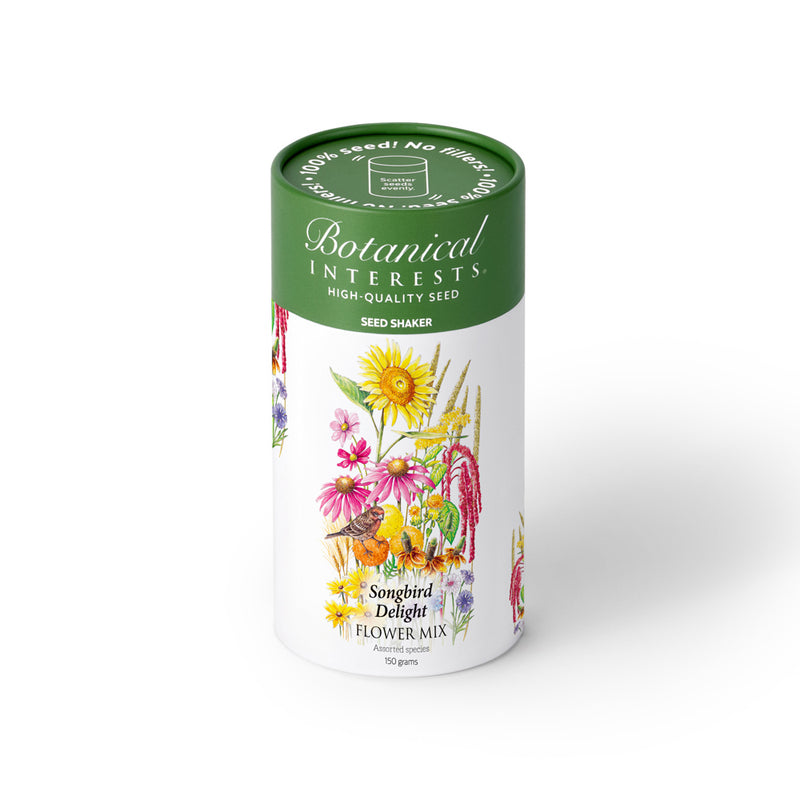 Botanical Interests Songbird Delight Flower Mix Seed Shaker canister with floral design on a white background