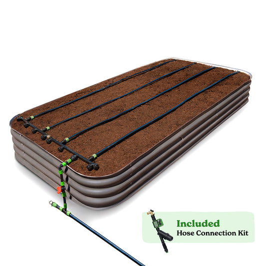 15-inch tall large garden bed in slate gray color filled with soil, shown with drip irrigation tubing laid across the top. A light green banner that list the included Hose Connection Kit