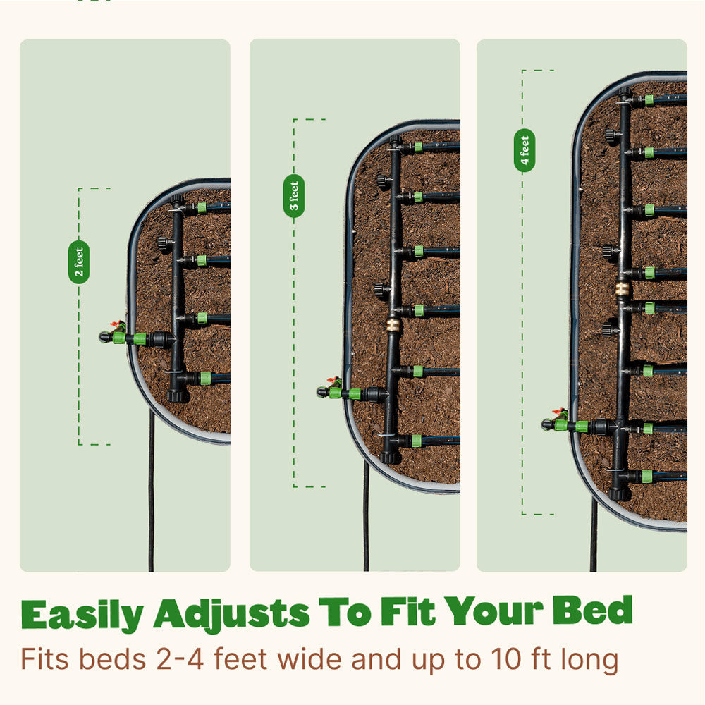 Product showing adjustable garden bed system with text indicating fit and adjustability.