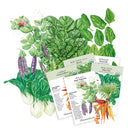 Vegetable seed packets with illustrations of vegetables on a white background