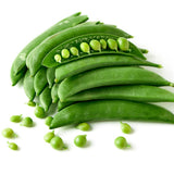 Close-up photo of fresh green Sugar Snap pea pods stacked together, with one opened pod revealing a row of bright green peas inside.