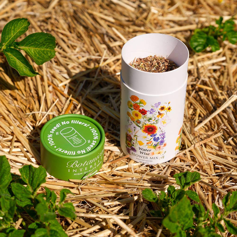 Opened Water Wise Flower Mix Seed Shaker canister on a straw background with plants around