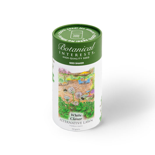 Botanical Interests White Clover Alternative Lawn Seed Shaker container with garden-themed design on a white background