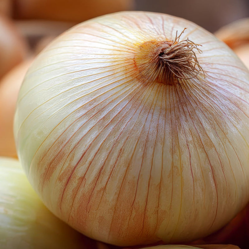 Close-up of a mature Yellow Granex onion showing its papery golden-white skin with fine reddish veining and a dried, wiry root tuft at the top.