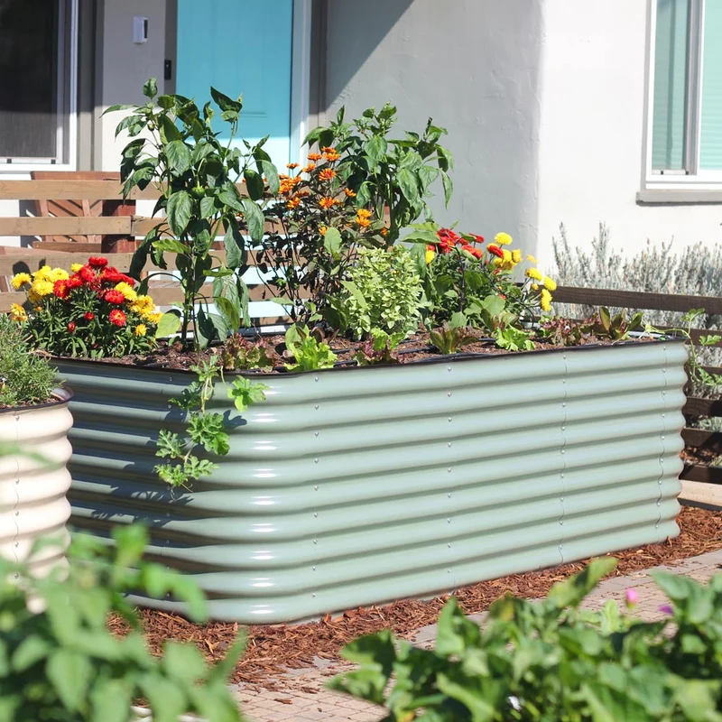 Epic Metal Raised Garden Bed filled with vegetables, herbs, and flowers