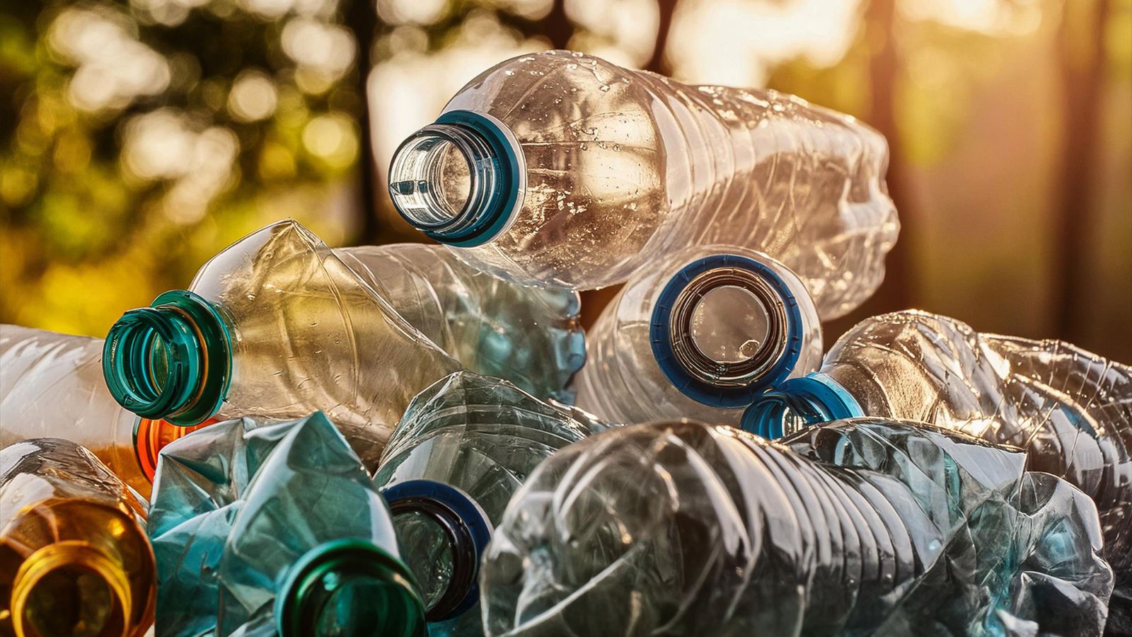 A shot of a pile of crushed synthetic, maliable bottles placed in a well lit area outdoors