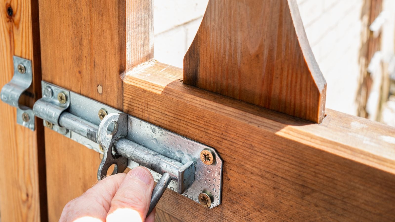 A person locking a gate outdoors that is made out of wood, placed somewhere with a lot of sunlight